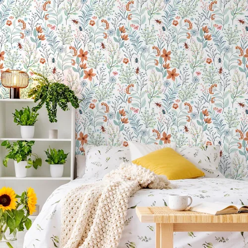 Vista 3 de VEELIKE Beetles - Papel tapiz floral para despegar y pegar, papel tapiz de flores azules y naranjas para dormitorio y baño, papel de contacto floral