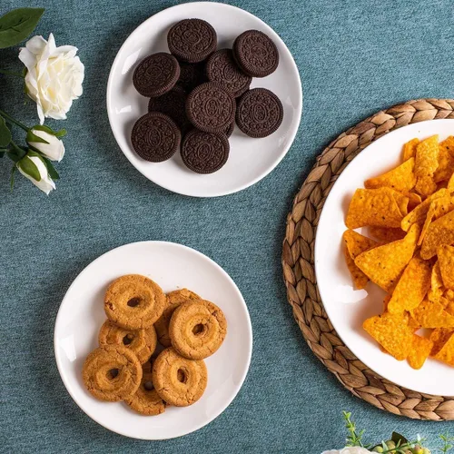 Vista 5 de DELLING Juego de Platos de Aperitivo de 7 Pulgadas, Platos de Postre/Ensalada de Cerámica Blanca - Platos Pequeños Redondos para Servir de Snacks