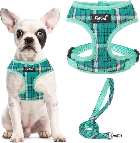 Vista 52 de PUPTECK Juego de arnés y correa de malla suave para perro, cachorro y gato, cómodo chaleco acolchado sin tirones, azul Pascua, S