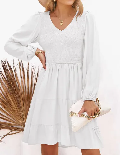 Vista 3 de ZESICA Minivestido casual con cuello en V y manga larga fruncida y cintura alta fruncida con volantes en línea A