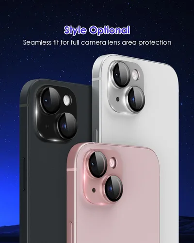 Vista 7 de Compatible con iPhone 15/iPhone 15 Plus/iPhone 14/iPhone 14 Plus Protector de lente de cámara Metal Plus Anillo de aleación de aluminio 9H Pantalla
