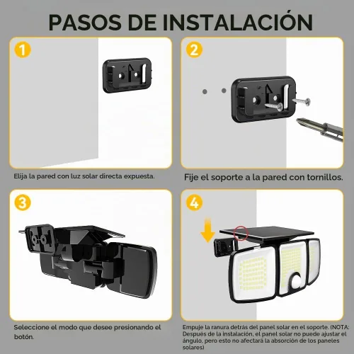Vista 4 de Luces solares para exteriores con sensor de movimiento, 223 luces LED de seguridad, reflector LED impermeable IP65, 3 cabezales ajustables, luz