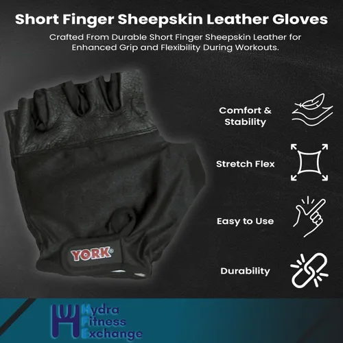 Vista 6 de York Barbell - Guantes de levantamiento de pesas, piel de cabra, agarre antideslizante, palma acolchada, correa de soporte para la muñeca, espalda