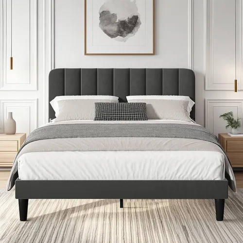 Vista 20 de VECELO Base de cama tapizada de tamaño matrimonial con 4 cajones y cabecero, plataforma de terciopelo, soporte de listones de madera, no necesita