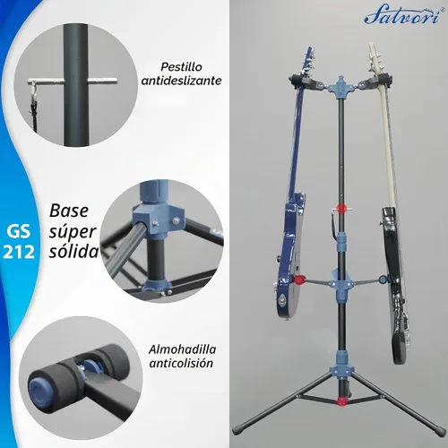 Vista 3 de Salvori Soporte plegable doble para guitarra con sistema de bloqueo automático y trípode sólido, soporte/soporte/estante doble/múltiple para bajo