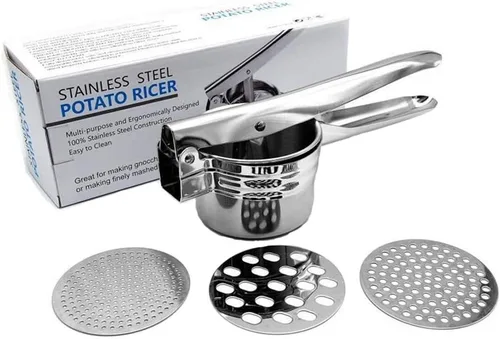 Vista 7 de Ricer profesional de patatas de acero inoxidable, triturador de papas con 3 discos de arroz para arroz grueso y fino, la mejor prensa de papas