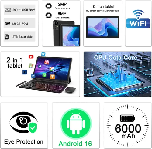 Vista 3 de CUPEISI Tablet Android 16 de 10 pulgadas, 20 GB de RAM+128 GB de ROM/2 TB expandible, procesador octa-core de 2.0 GHz, pantalla HD de 1280 x 800