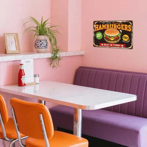 Vista 4 de WADORN Best in Town Hamburgers - Letrero de metal vintage, 7.9 x 11.8 pulgadas, diseño retro de hamburguesas, divertido letrero de metal de comida