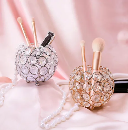 Vista 6 de Crystal Beads Makeup Brush Holder, Handcrafted Cosmetics Makeup Brushes Cup Organizer Vanity Decor, Candle Holder Decoration Tray(Gold)