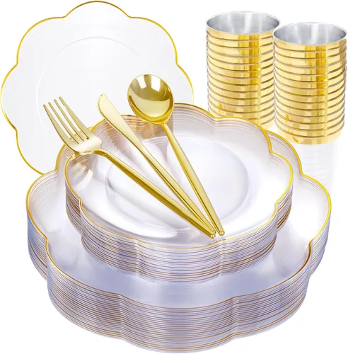 Vista 16 de ejonirinjonir EI - 180 platos de plástico beige con cubiertos de plástico dorado, platos desechables de alta resistencia para fiestas, juego