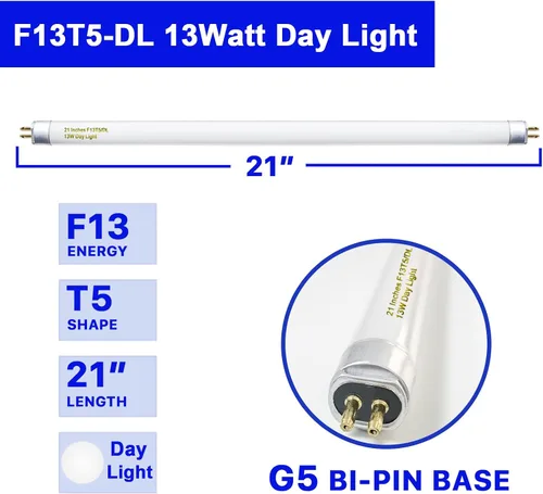 Vista 2 de Konideke Paquete de 8 bombillas fluorescentes T5 de 21 pulgadas, 13 W, luz diurna 6500K, F13T5D para debajo del gabinete, base G5 de 750 lúmenes