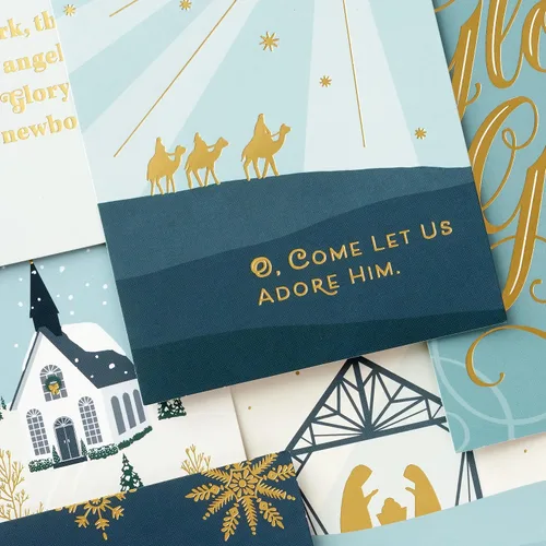 Vista 7 de Hallmark Surtido de tarjetas religiosas de Navidad, paz celestial (36 tarjetas y sobres) Azul polvoriento y lámina dorada
