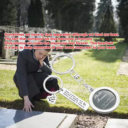 Vista 7 de Juego de llaveros de marco de fotos conmemorativo con texto en inglés "When Someone You Love Becomes a Memory Keychain Miss You" (2 unidades)