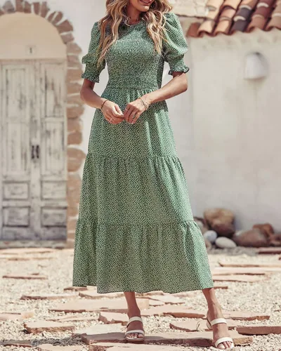 Vista 19 de BTFBM Vestidos para mujer, cuello redondo, casual, de verano, con volantes, manga corta, bohemio, con niveles, fruncido, largo, con estampado floral