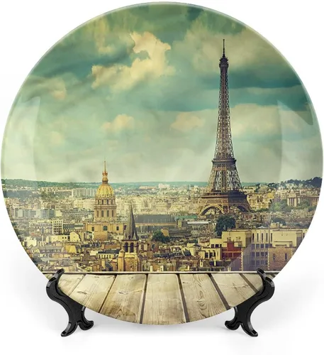 Vista 8 de XISUNYA Plato decorativo de 6 pulgadas, placa de cerámica de la Torre Eiffel, impresión de paisaje urbano de Francia, para colgar en la pared