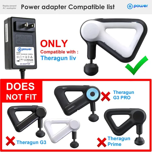 Vista 2 de T-Power - Cargador de 12 V para Theragun liV masajeador de percusión, estimulador muscular, pistola de masaje de tejido profundo de mano, adaptador