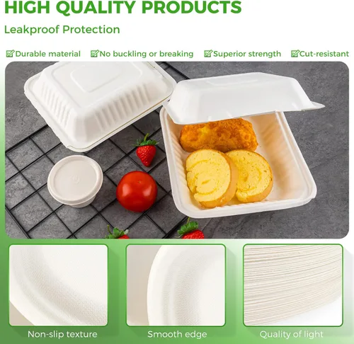 Vista 3 de Azure Zone, Concha desechable compostable de 9 pulgadas, 1 compartimento, paquete de 200, ecológica, biodegradable, hecha de fibras de caña de azúcar