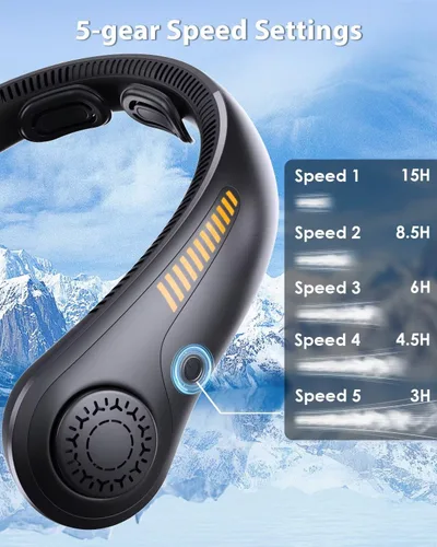 Vista 3 de Ventilador de cuello portátil, recargable, ventilador personal para soplar aire frío, 5 velocidades, batería USB, enfriador de cuello con cuello