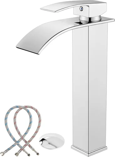 Vista 13 de Midanya Grifos altos de lavabo de cascada para lavabo, lavabo, lavabo de una sola manija, 1 agujero, moderno, con mangueras de drenaje emergentes
