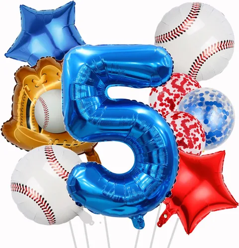 Vista 16 de Globos de béisbol de papel de aluminio para decoración de cumpleaños, globos con el número 2, globos de confeti de estrella roja y azul