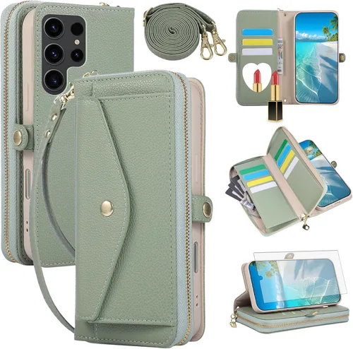Vista 53 de Asuwish Funda de teléfono para Samsung Galaxy S23 5G con cremallera, funda para celular con protector de pantalla, correa para el hombro, espejo