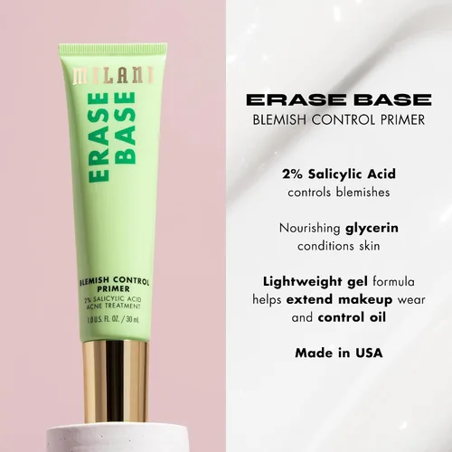 Vista 5 de Milani Imprimación facial para maquillaje – Erase Base Primer de Control de Imperfecciones con 2% de ácido salicílico para ayudar a controlar