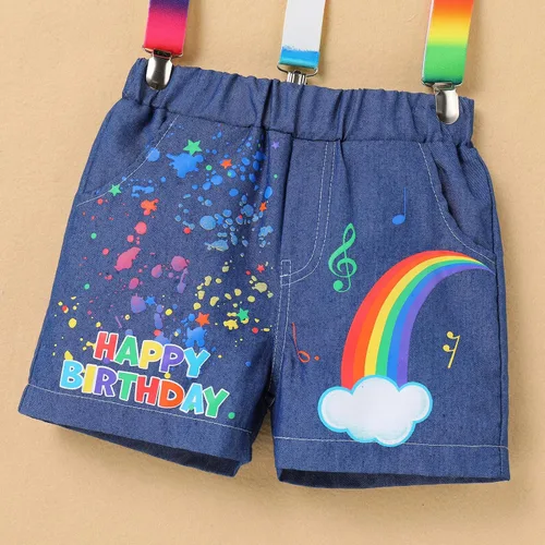 Vista 5 de IMEKIS Toddler Boys Melon Birthday Outfit Romper Top + Jeans Shorts + Suspenders Cake Smash Photo Shoot Summer Clothes 1-5T