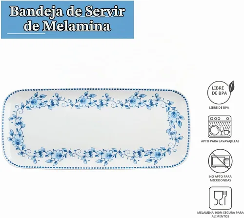 Vista 3 de UP ware - Bandeja de servir de melamina floral azul y blanca, bandeja rectangular de 15 x 6.5 pulgadas, bandeja de alimentos sin BPA