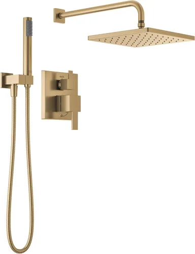 Vista 11 de Sistema de Ducha de Lluvia Cuadrado Delta Modern Serie 14, Conjunto de Grifo, Cabezal de Ducha de Lluvia Oro Cepillado y Conjunto de Mango, Kit