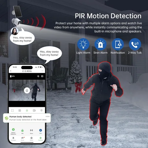 Vista 5 de Solar Security Cameras Wireless Outdoor: 2K Battery Powered WiFi Camera with AI Motion Detection for Home - Color Night Vision Spotlight Siren Alarm