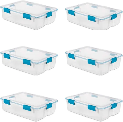 Vista 29 de Sterilite 19414306 - Caja de almacenamiento de plástico transparente de 7.5 cuartos y tapa con pestillos azules