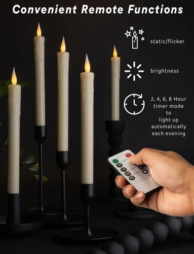 Vista 2 de Paquete de 6 velas LED de 10 pulgadas sin llama de cera real de color marfil con control remoto, botón de encendido/apagado, regulable, modo