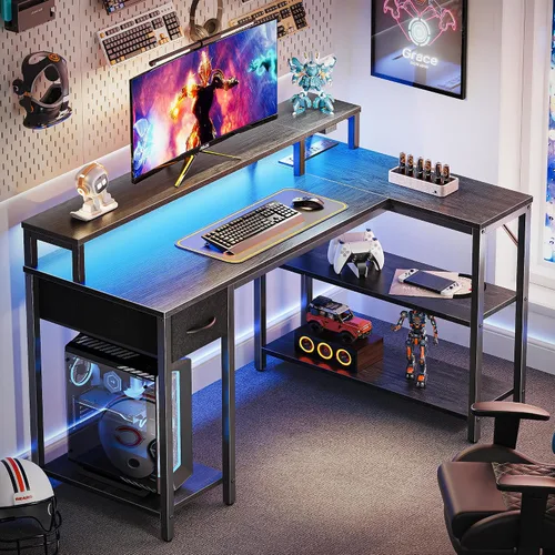 Vista 2 de SUPERJARE Escritorio reversible en forma de L de 47 pulgadas con luces LED y tomas de corriente, escritorio para computadora con estantes y soporte