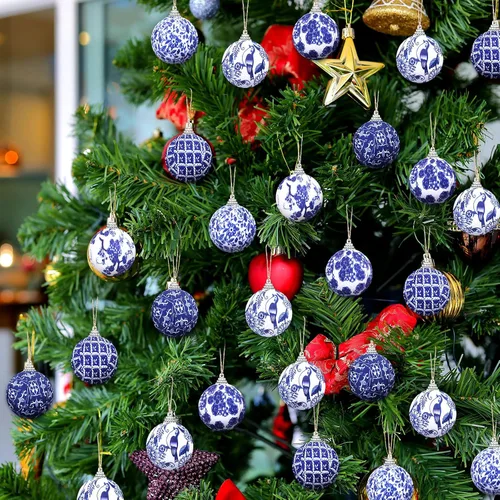 Vista 4 de Preboun 48 Piezas Adornos de Bolas Navideñas Chinoiserie Azul y Blanco Decoración de Árbol Chinoiserie Adornos Colgantes para Árbol de Navidad
