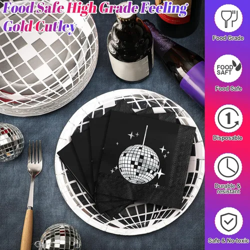 Vista 3 de Funtery 200 platos de discoteca y servilletas de los años 70 y 80, incluye platos de papel de bola de discoteca y servilletas para 100 invitados
