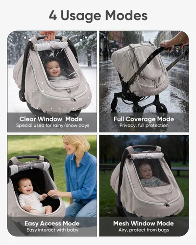 Vista 3 de Cubierta de asiento de coche de bebé impermeable para todo tipo de clima - Beige Rainproof & Windproof, 2-layers, With Zipper and Mesh, 4 Usage