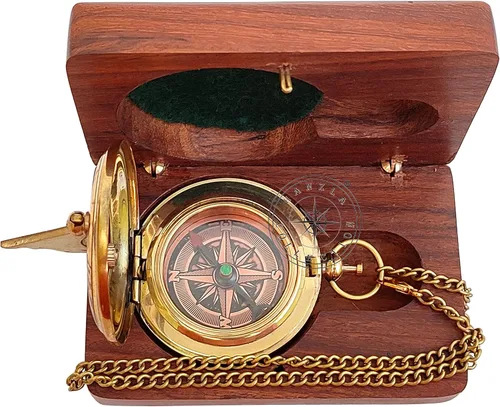 Vista 6 de Reloj de sol hecho a mano con botón de dirección con cadena y caja de madera, reloj de sol de bolsillo de brújula de latón, regalo de bautismo
