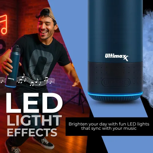 Vista 4 de Ultimaxx Botella de agua de alta calidad aislada al vacío con altavoz Bluetooth, diseño de doble pared de acero, luces, cierre de tapa, conveniente