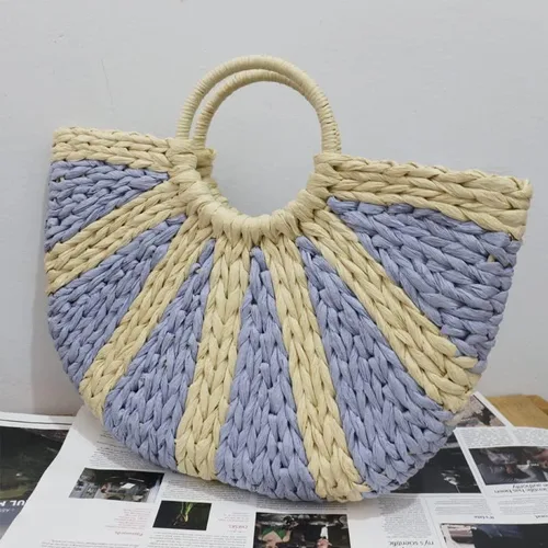 Vista 3 de Bolsos de paja de ratán semicírculo, tejido a mano para mujer, bolso de asas retro de paja de verano, bolso cruzado colorido, bolso bohemio