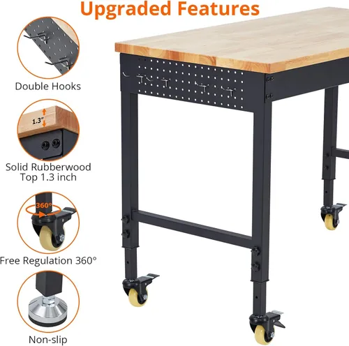 Vista 4 de 60"x22" Heavy Duty Adjustable Rolling Workbench with Power Outlets, Rubberwood Tabletop & 2000 LBS Capacity - Work Table for Garage Workshop with