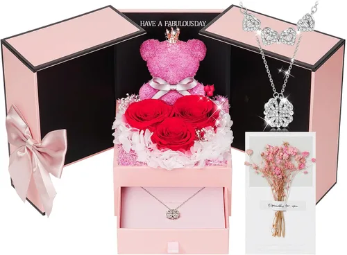 Vista 14 de ADDWel Regalos de Rosas Preservadas para Novia - Lindo Regalo de Oso de Rosas Eternas para Mamá Mujeres, Regalos de Cumpleaños para Novia - Caja