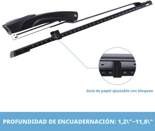 Vista 2 de Engrapadora de largo alcance, con 2000 grapas y removedor de grapas de tira completa, capacidad para 20-25 hojas, con regla integrada y guía de Negro
