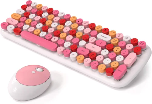 Vista 9 de [Usado] Combo de teclado y mouse inalámbricos, MOWUX - Diseño moderno compacto, mouse compacto de caramelo colorido y teclado redondo retro
