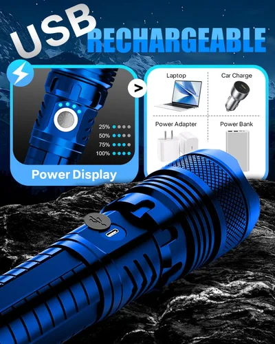 Vista 7 de Victoper Linternas LED azules, linterna táctica recargable de alto lumen y superbrillante, 5 modos, enfoque ajustable, impermeable, luces de flash