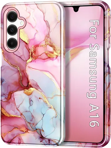 Vista 8 de Btscase Funda para Samsung Galaxy A16 5G, patrón de mármol 3 en 1, resistente a prueba de golpes, cuerpo completo, policarbonato duro y suave Rosa