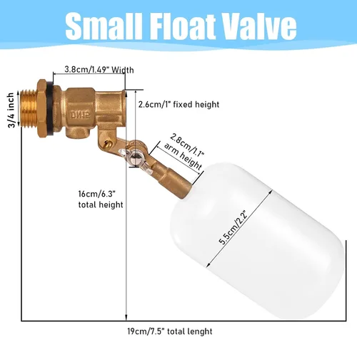 Vista 2 de Válvula de flotador de latón de 1/2 pulgada, 2 piezas, válvula de control de nivel de agua con brazo ajustable, 60 PSI, llenado y cierre automático