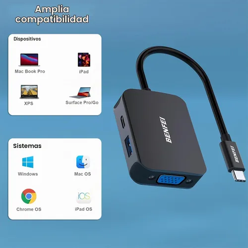 Vista 3 de BENFEI USB C HUB 4 en 1, adaptador USB tipo C a HDMI VGA, adaptador USB C a USB, entrega de energía USB tipo C, compatible con iPhone 15 Pro/Max