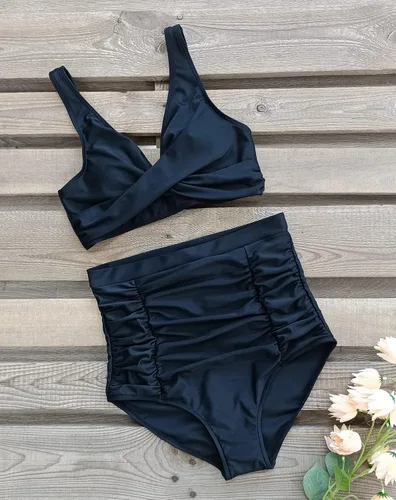 Vista 4 de SPORLIKE - Traje de baño de cintura alta para mujer, bikini de dos piezas con control de abdomen y parte superior triangular