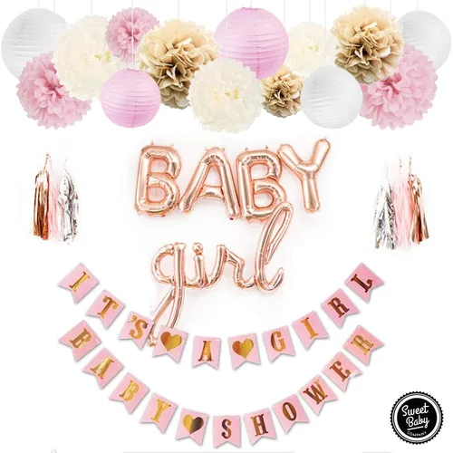 Vista 2 de Sweet Baby Co. Juego de decoración para Baby Shower, cartel con texto en inglés "It's a Girl", globos de letras (baby girl), pompones de flores