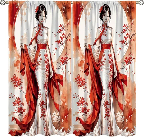 Vista 11 de Cortinas de geisha japonesas, flores rosas, ramas de árbol, sexy, glamour, para mujer, encantador, estética, oriental, con bolsillo para barra